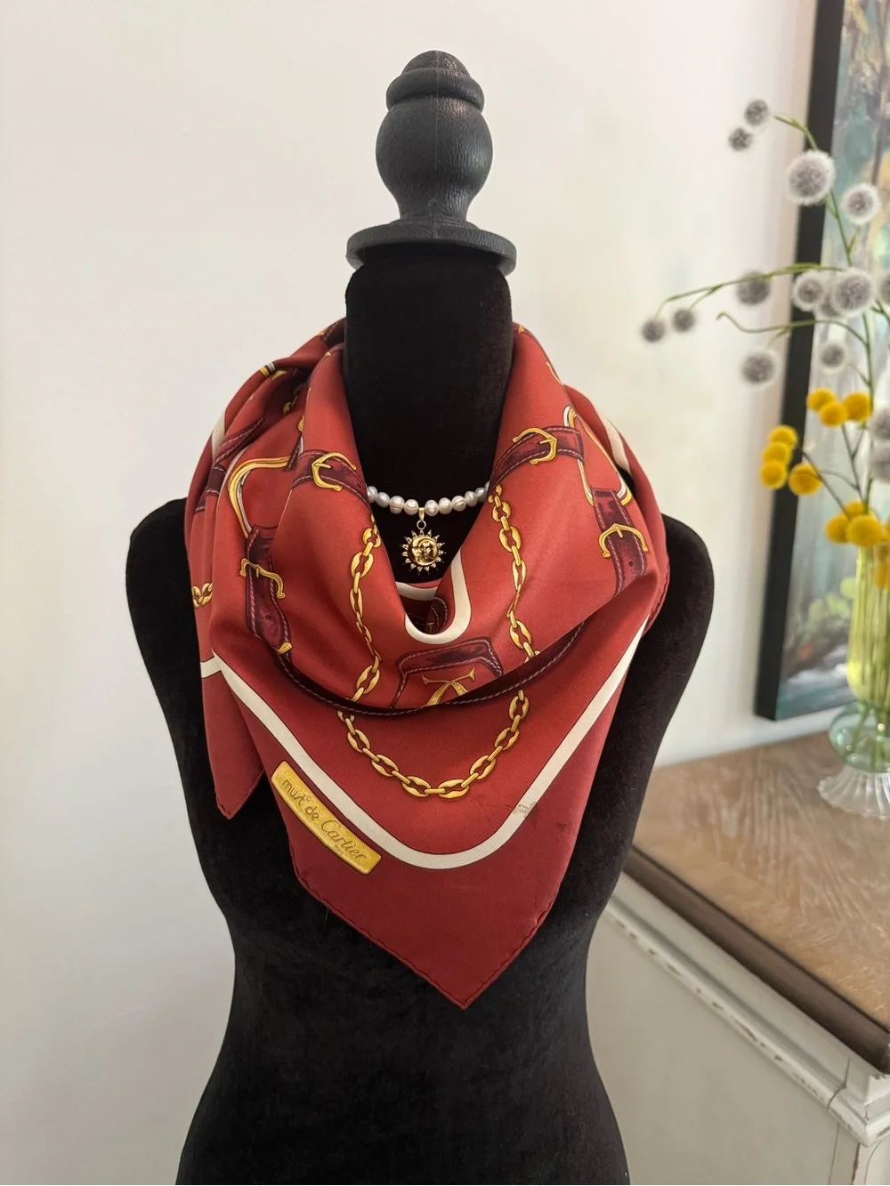 Cartier Silk Scarf Brown Yellow Chain Belt Hand Rolled Made in France